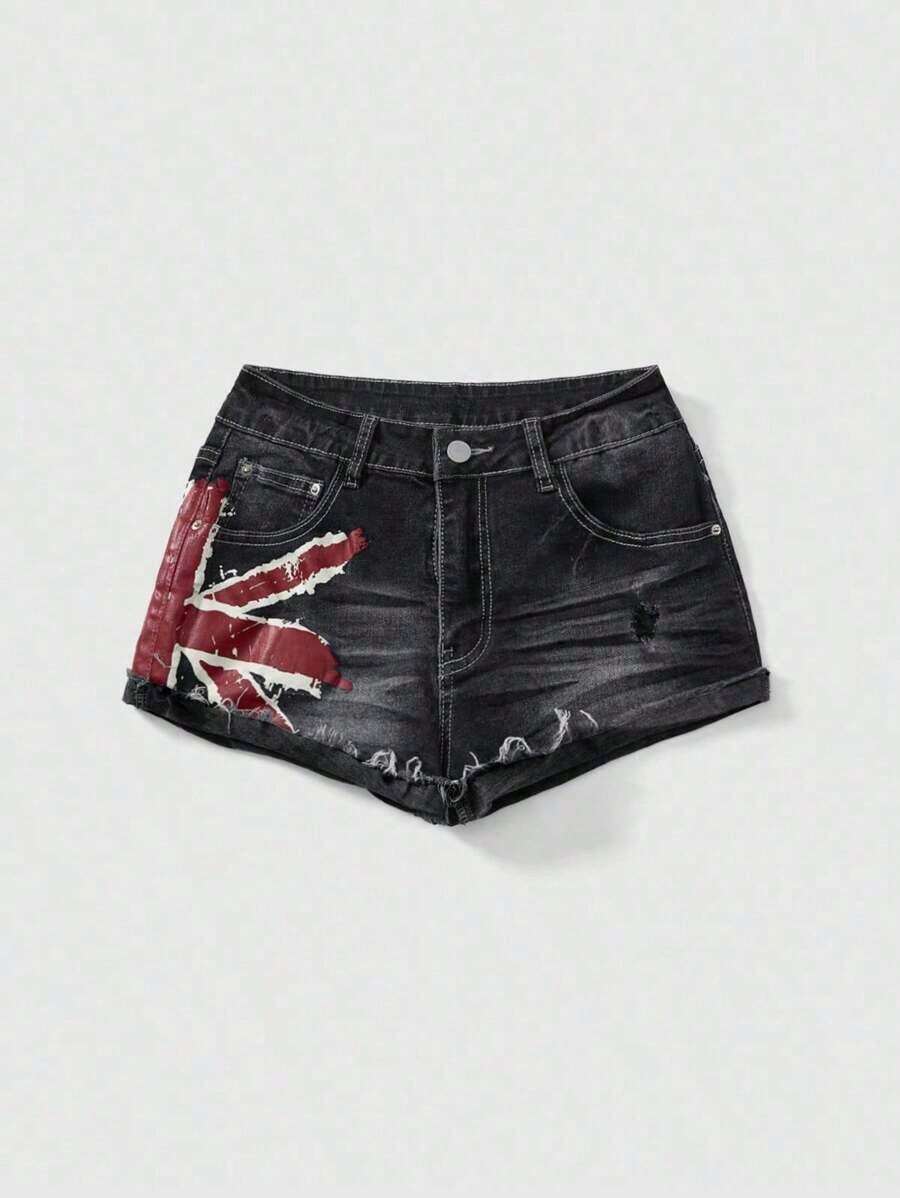 Grunge Punk Shorts vaqueros de cintura baja con estampado de bandera nacional de estilo vintage Y2K sexy para mujeres, para conciertos y festivales de verano - Negro - Ver 1