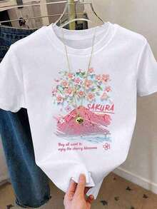 Camiseta de manga corta con cuello redondo y estampado floral de hibisco y eslogan de moda, estilo casual minimalista para chicas adolescentes, top floral de verano, camisetas gráficas estilo western, ropa de hombre, camisas para hombre, camisetas gráficas, ropa de mujer, tops de verano, ropa de verano, camisetas gráficas, agradables al tacto y de alta calidad. - Blanco - Ver 4