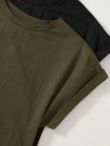 Set de 2 vestidos mini de manga corta y cuello redondo, de punto de unicolor casual, para mujeres - Verde militar - Ver 5
