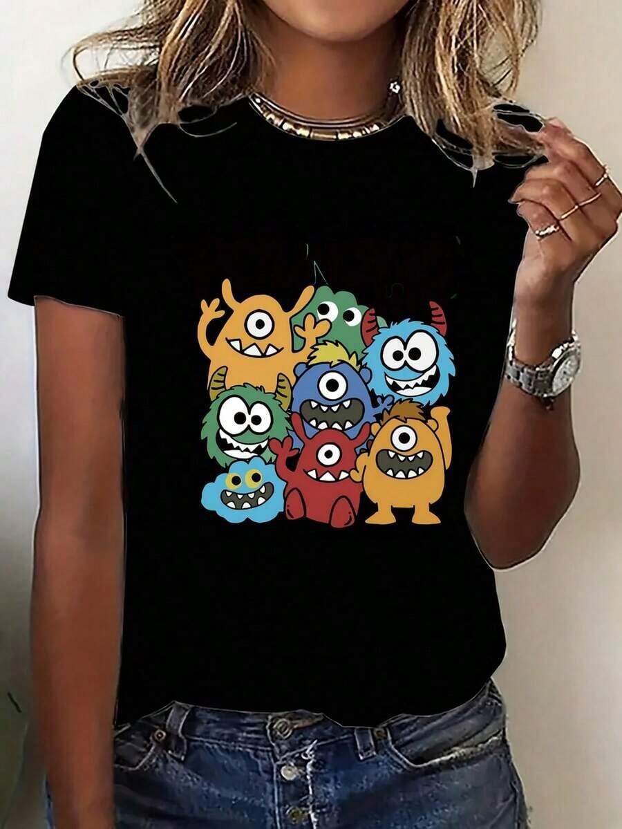 Camiseta unisex holgada, vibrante, divertida, de manga corta para mujer, diseño único, estampado de monstruo de dibujos animados, cómoda, ligera, fácil de combinar, cuello redondo, tela adecuada para otoño e invierno, ropa de primavera, múltiples tallas disponibles, perfecta para fiestas, vacaciones, regalos y ropa casual de calle, ¡artículos esenciales! Nuevas llegadas, entrega desde almacén, ropa navideña para damas, regalos para mujeres, camisas hermosas, camisetas, , ropa de mujer, blusas para mujer, tops para mujer, playeras para mujer, tela ligera y transpirable, conjuntos casuales para mujer, ropa para clima cálido, diseño divertido, ideal para jugar al aire libre. Camiseta de algodón para mujer, transpirable y absorbente de sudor, de manga corta para verano - Negro - Ver 1