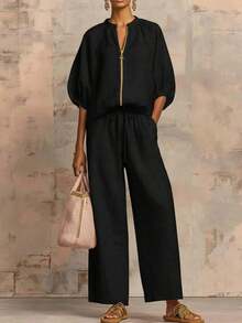 Modest Women's Knitted Fabric Blouse And Long Pants Two-Piece Outfit With Flounce Sleeves - 牛仔藍 - 查看 8