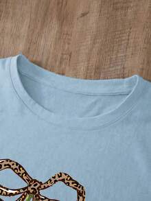 Camiseta oversize blanca para mujer con lazo de leopardo y cerezas, estilo chic y veraniego Camiseta informal de verano para mujer,Playera oversize con estampado animal print y cerezas - YH335-Azul - Ver 4