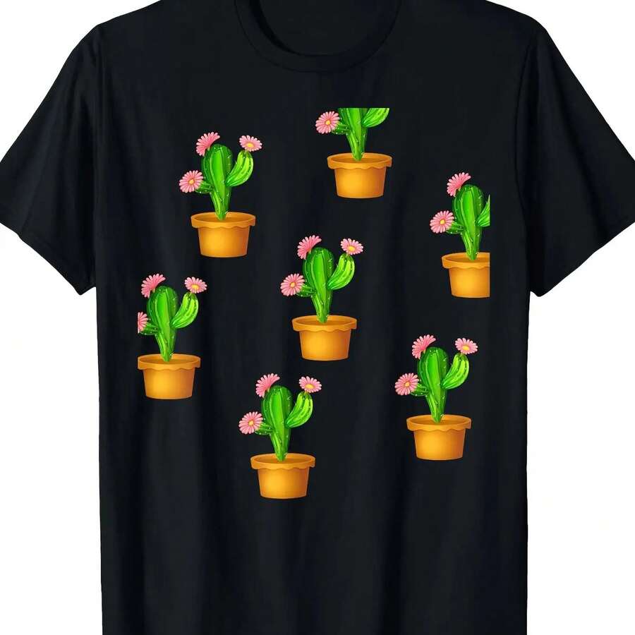 Graphic T-Shirt fclothes Cactus and Succulent Lovers - clothes clothes clothesgsm Shclothest Sleeve clothes with Vibrant Orange Pots & Pink Flowers clothes, Regular Fit Casual, Fun Clothing, Durable Fabric, clotheshine Washable - Negro - Ver 1