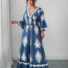Elenzya Plus Size Blue & White Elegant Fitted Shirred Print Cinched Waist Jumpsuit - Azul y blanco - Ver 2