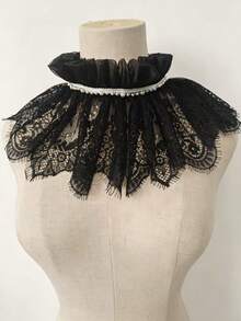 1pc Gothic Victorian Style Black Lace Ruffle Faux Collar With Pearl Decor, Detachable Ruffle Choker Collar, Suitable For Lolita, Cosplay And Halloween - Black - View 7