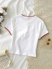 95% algodón. Camiseta corta de manga corta, cuello redondo, ajustada y recortada de unicolor minimalista casual para mujer, vintage, softgirl, elegante. Se puede usar en todas las estaciones, old money, salidas de verano, en casa, vuelta al cole, otoño. - Multicolor 5 - Ver 2