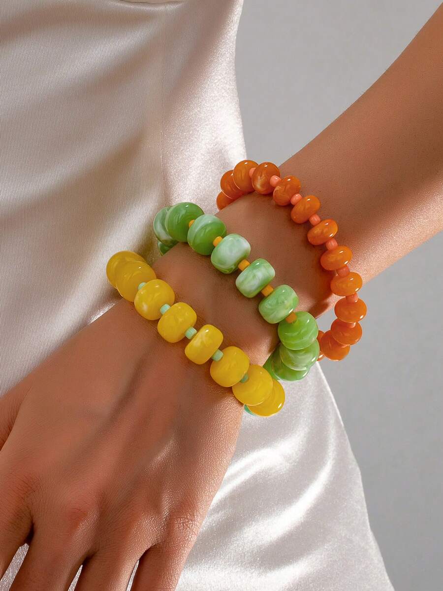 Set de 3 piezas de pulseras de cuentas de colores caramelo de verano, pulseras apilables de estilo elegante y único para vacaciones, conjunto de pulseras versátiles y de uso diario de moda para mujeres - pulsera de cuentas - Ver 1