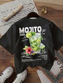 Damtopp med dubbelsidigt tryck, sommarplagg, fräsch stil, mojito-tryck, rund hals, transparent kortärmad T-shirt, sommartoppar - Svart - Visa 3