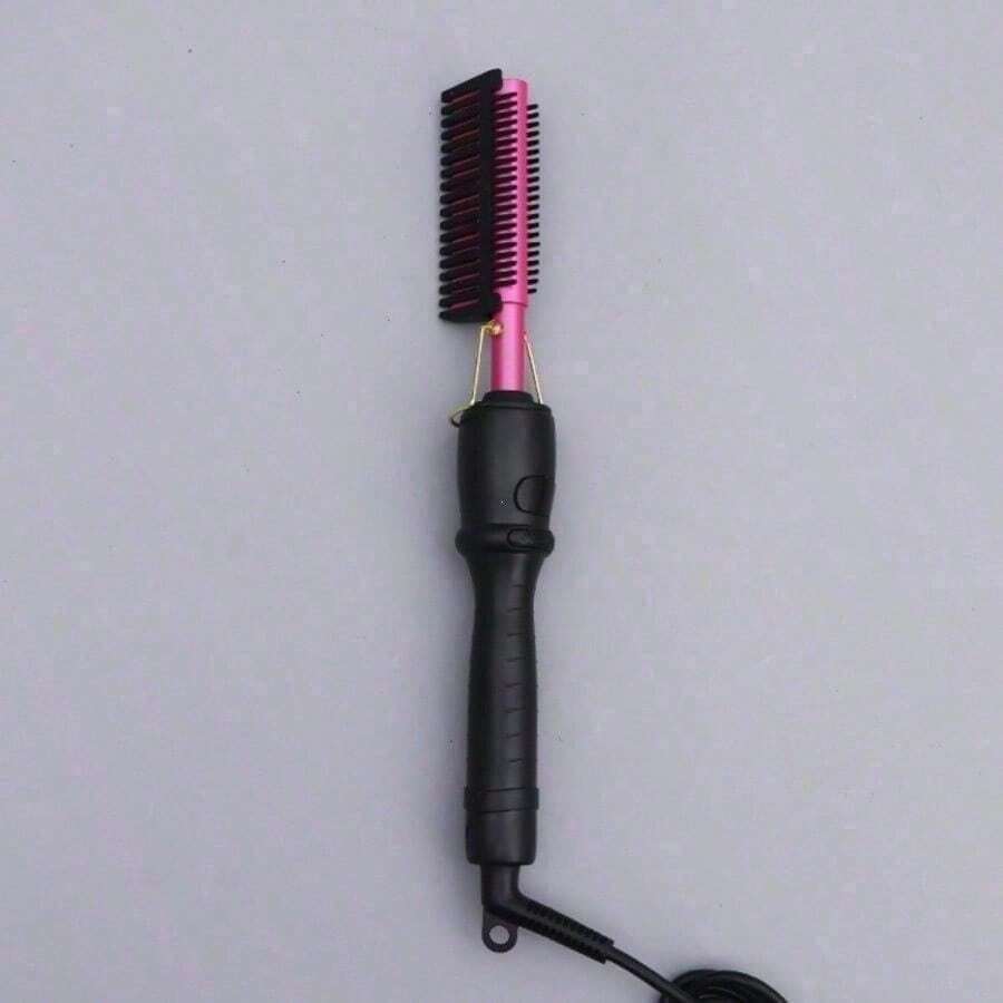Electric Hair Straightening Comb - Portable, Travel-Friendly, Anti-Scald Straightener With Ceramic Heating - Dual-Function Styling Brush (For Curling & Straightening) - Suitable For Wet Or Dry Hair And Wigs - Unisex Design - Pink - View 1