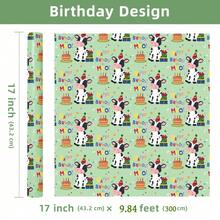 兒童生日包裝紙，綠色背景配戴生日帽的卡通牛，塗層紙 43cm*3m (1 捲)。適用於兒童生日派對、幼兒園畢業禮物、親子主題派對、兒童 DIY 包裝及兒童生日裝飾。 - A - 查看 9