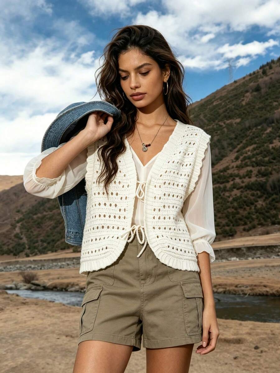 Áo khoác cardigan nữ kiểu dáng lãng mạn thắt nơ phía trước, thích hợp cho mùa xuân và mùa thu. - Màu be - Xem 1