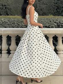 Elegant French-Style Long Dress With Straps And Polka Dots For Spring - 白色 - 查看 2