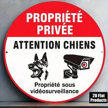 2D Plat - Panneau rond de 8 x 8 pouces, Décoration vintage française "Propriété privée" et "Attention : Chien", convient pour la maison, le bureau, le jardin, les magasins, les bars et les cafés (position des trous aléatoire) - A - Voir 1