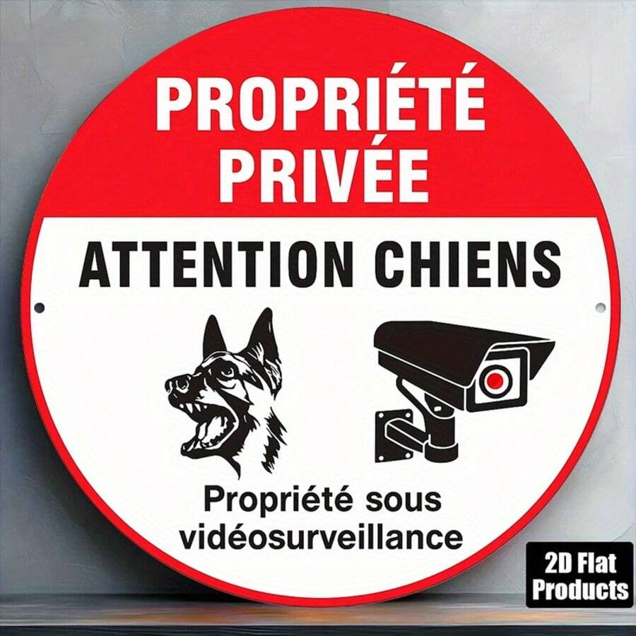 2D Plat - Panneau rond de 8 x 8 pouces, Décoration vintage française "Propriété privée" et "Attention : Chien", convient pour la maison, le bureau, le jardin, les magasins, les bars et les cafés (position des trous aléatoire) - A - Voir 1