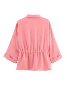 Conjunto de 2 piezas para mujer, unicolor, blusa casual holgada con cuello vuelto y cordón, manga 7/8 + pantalones de pierna ancha con cintura elástica, para verano - Rosa - Ver 7
