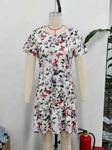 Tela de seda de leche con impresión digital de moda, material fresco de verano, adecuado para citas, hogar, vacaciones, campamento, playa, fotografía, baile, fiestas, compras, estilo de vacaciones de verano versátil. Vestido corto con diseño de volantes, - Rojo - Ver 2