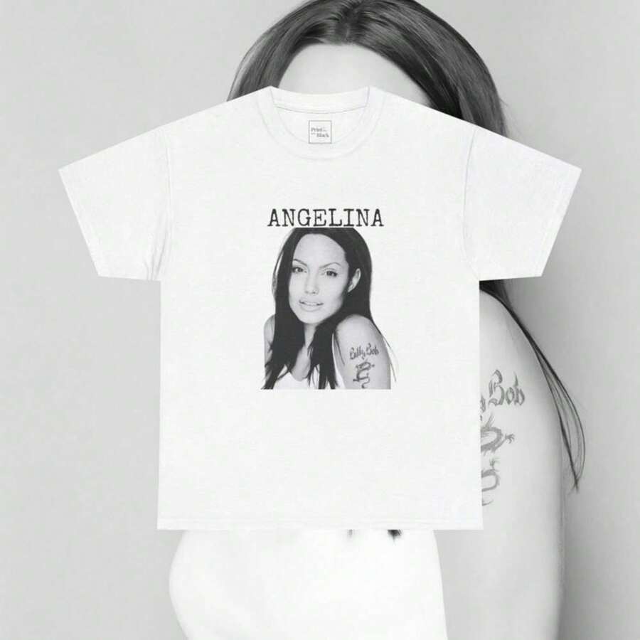 Angelina Jolie Graphic T1EE, UniS1ex Cotton T-S1Hirt, Celebrity Photo Print S1Hirt, Cool Printed Top, Famous Actress T1EE, Gift for Movie Fan,Shirt Fo Camiseta 100% Algodón Unisex - Playera Casual Premium de Corte Cómodo - Blanco - Ver 1