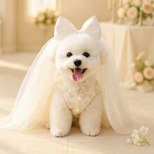 2pcs Set - Luxury Dog Wedding Dress - Elegant Embroidered Lace Tutu Dress With Matching Princess Hair Clip, Pearl Rhinestone Bow, Non-Pulling Pet Vest Dress With D-Ring, Suitable For Small Dogs & Cats To Attend Weddings, Parties And Photo Shoots - White - View 3