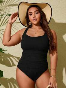 Traje de baño de una pieza de talla grande con tela acanalada, fruncido en el abdomen y cuello de barco, adecuado para vacaciones de verano y playa - Negro - Ver 4