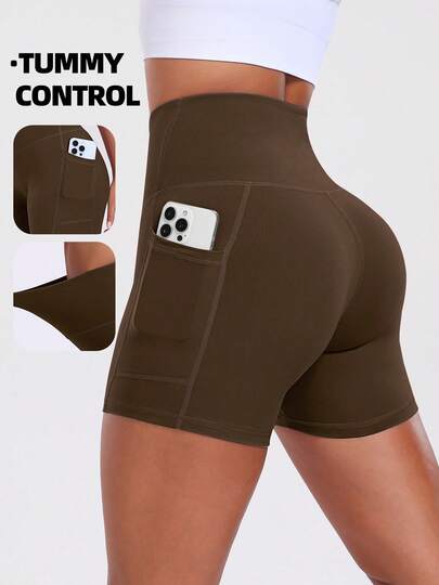 Pantalones cortos deportivos de cintura alta con control de abdomen y bolsillos para mujeres, adecuados para fitness, yoga, correr, gimnasio, tenis