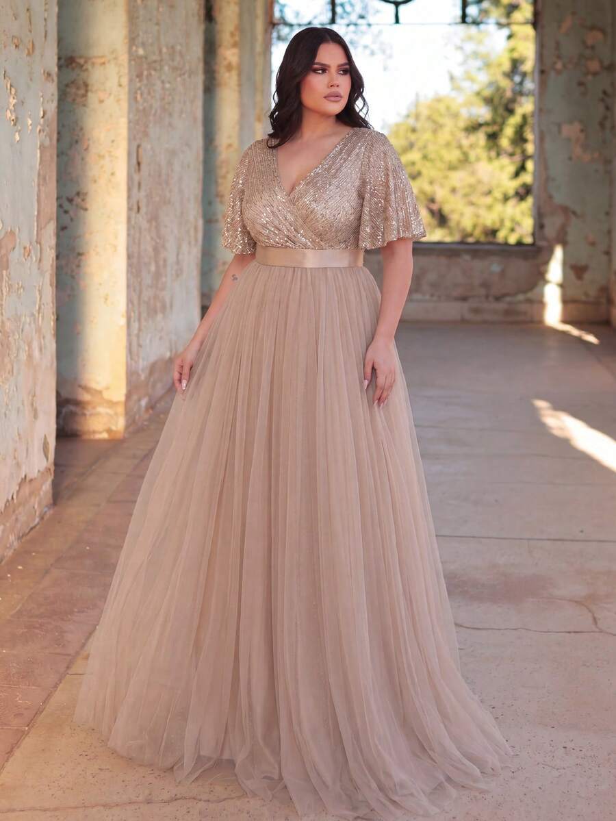 Faeriesty Plus Size Women's V-Neck Chiffon A-Line Evening Dress, Ruffle Sleeve Design, Suitable For Formal Banquet, Wedding, Red Carpet Events, Bridal Photo Party Elegant