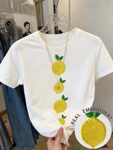 Camiseta de manga corta casual de mujer con bordado de limón, para verano - Blanco - Ver 6