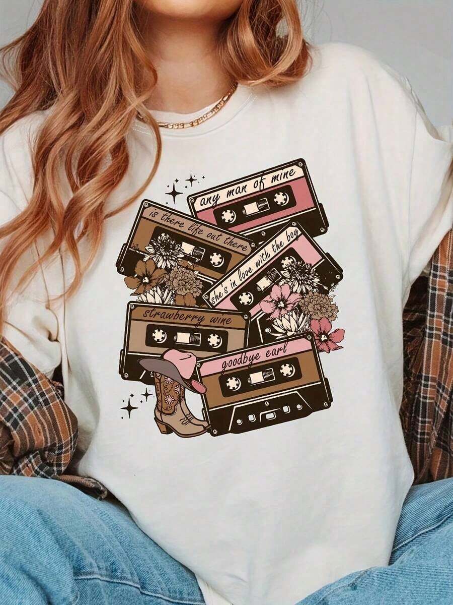 ropa de mujer ropa de mujer Camiseta de algodón con estampado de letras estilo cinta de casete de los 90 - Moda de música country, manga corta, cuello redondo, top casual para verano y primavera, ropa de mujer camisas de mujer camisas de mujer - Blanco - Ver 1