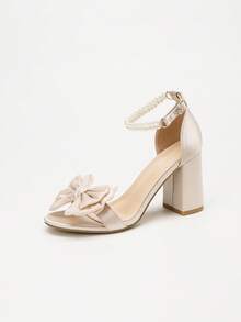 Summer Fashion Faux Pearl Bow Bridal Open Toe High Heels, Chunky Heels - Lilac Purple - View 9