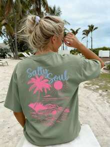 SALTY SOUL Camiseta de manga corta con cuello redondo para mujer, estampado de cocotero y sol, nueva colección primavera/verano, versátil y a la moda, esencial para uso diario y vacaciones.Camiseta Estampada de Vacaciones para Mujer - Hierba verde 2 - Ver 9