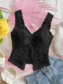Top casual de mujer con bordado de ojales, adecuado para vacaciones, fiestas, té de la tarde, playa, citas, verano - Negro - Ver 5