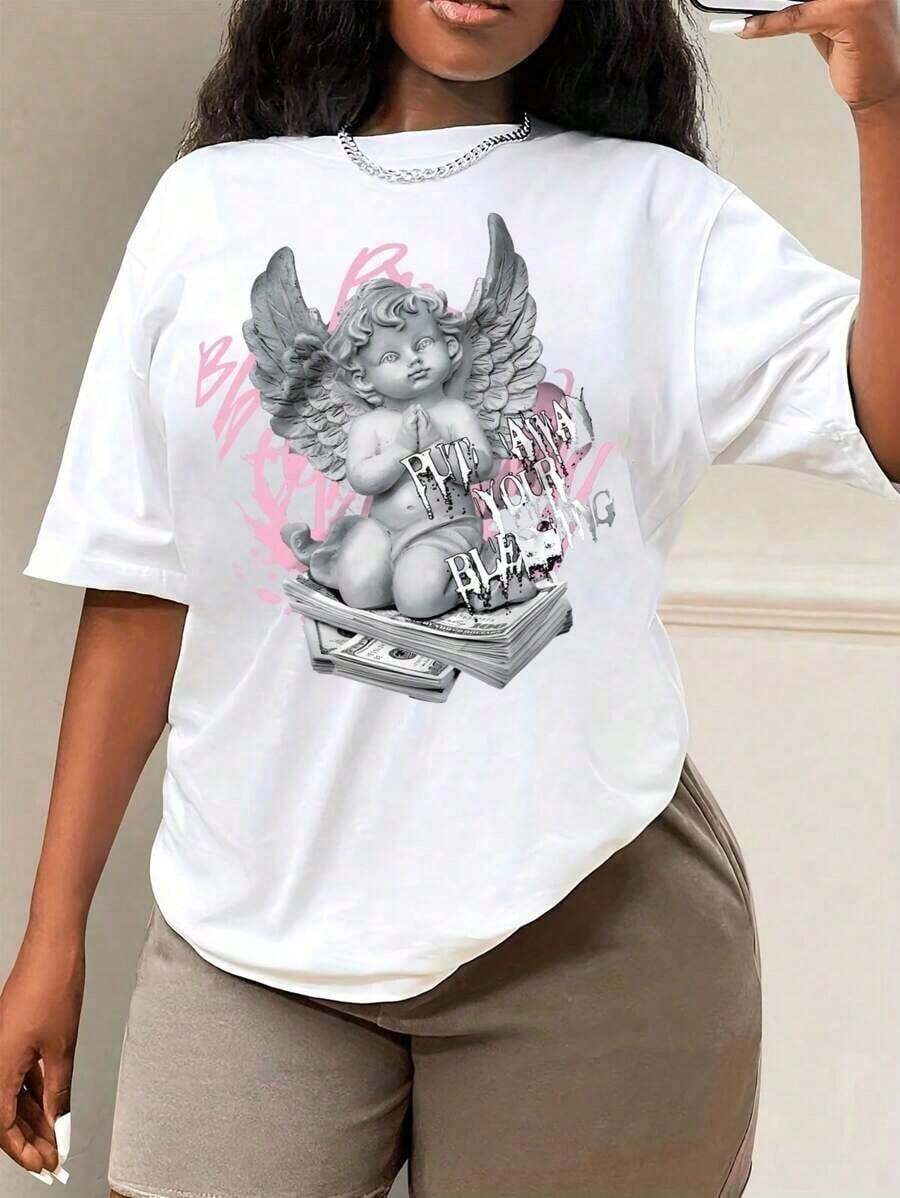 1psc2026 Women's Summer Clothes, Fashionable Elegant Tops For Women, Angel Letter Print T-Shirt, Short Sleeve T-Shirt, Graphic Tees For Women, Summer Tops, High Quality Spring Sets For Women, Summer Beach Shirt For Women, Short Sleeve, 100% High Quality Cotton - 白色 - 查看 1