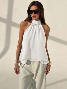 Camiseta sin mangas de gasa con cuello halter, fruncida y con línea A, de estilo bohemio minimalista y sexy, color morado berenjena, para primavera/verano - Blanco - Ver 6