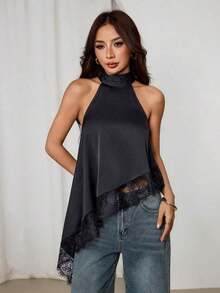 Top asimétrico de cuello alto con escote de halter y ribete de encaje para fiesta de noche, cóctel, formal, elegante, sin mangas para salida nocturna, boda, invitado, verano, otoño, hombros descubiertos - Negro - Ver 8