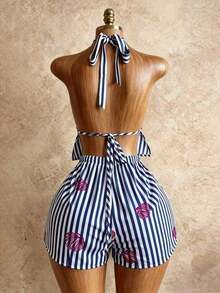 Conjunto de verano sexy, lindo y elegante romántico con top de tirantes con cuello en V profundo de lino a rayas blancas y caqui, emparejado con shorts casuales de playa de cintura con cordón, color rosa - Azul largo - Ver 2