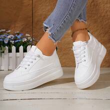 Summer New Minimalist Solid Color Thick Sole Platform White Sneakers Women's Thick Sole Slimming Lace-Up Casual Skate Shoes Daily Commute Versatile Women's Shoes (Runs Half Size Small) - White - View 3
