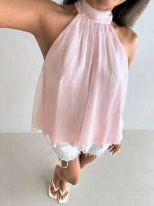 Camiseta sin mangas de gasa con cuello halter, fruncida y con línea A, de estilo bohemio minimalista y sexy, color morado berenjena, para primavera/verano - Rosa - Ver 5