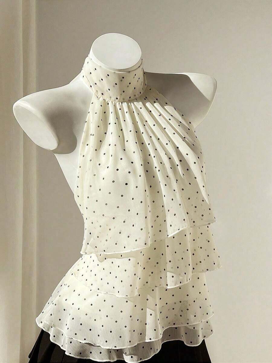 Camisa de mujer con volantes y estampado de lunares, con lazo a la cintura, estilo casual y de vacaciones, ajuste favorecedor, adecuada para la playa - Multicolor - Ver 1