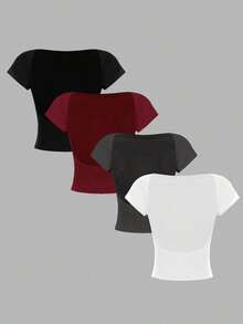 4 piezas Camisetas de mujer de unicolor casual, de cuello redondo, ajustadas y con espalda calada, adecuadas para el verano - Multicolor 3 - Ver 2