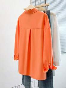 Camisa casual de mujer de un solo pecho de manga larga con hombros caídos y unicolor - Naranja Coral - Ver 2