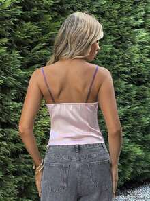 Camiseta ajustada con cuello de encaje negro, estampado de lunares blanco y negro para mujer - Multicolor 2 - Ver 2