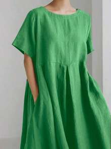 Vestido de lino suelto, casual, elegante y cómodo para mujer.Vestido largo suelto de manga corta, con bolsillo, cuello redondo y unicolor.Ajuste relajado para el verano - Turquesa - Ver 3