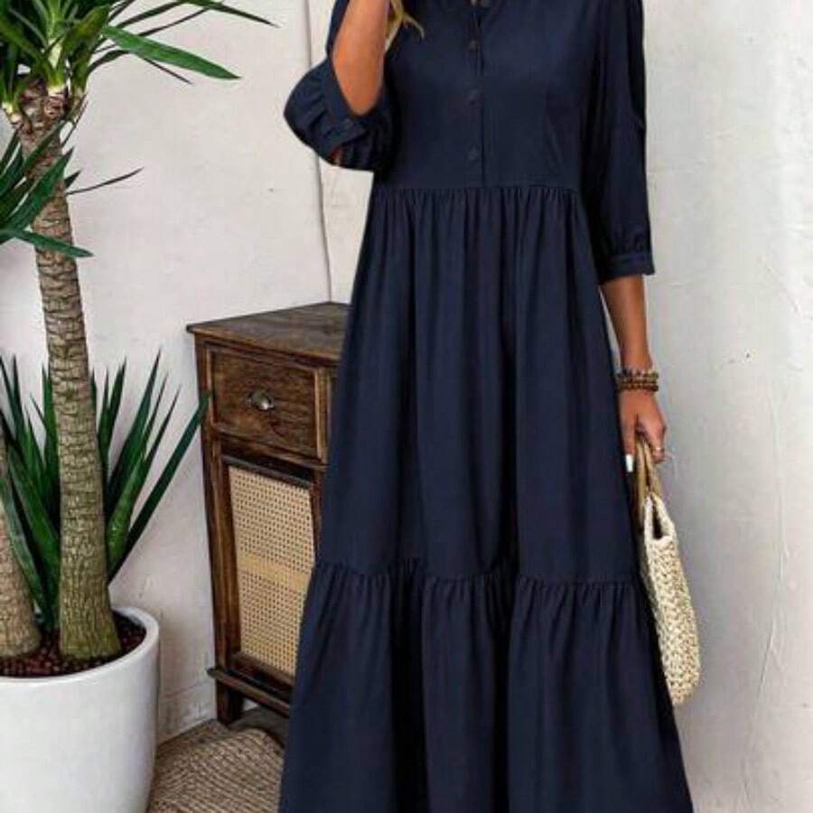 Women Solid Color Casual Short Sleeve Dress Maxi Women Outfit - Azul Marino - Ver 1