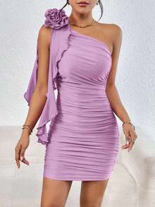 Vestido ajustado de un hombro ribete con fruncido fruncido lateral - Púrpura malva - Ver 5