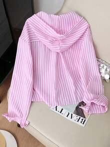 Camisa con capucha holgada con cordón de rayas azules y blancas para mujer, nueva para primavera/otoño - Rosa - Ver 2