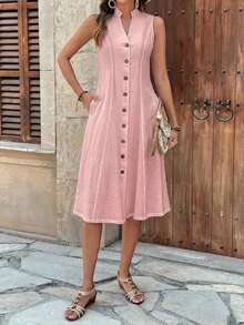 Faunlyn Vestido de mujer de manga corta con cuello redondo y estampado geométrico para el verano - Rosa Pálido - Ver 4