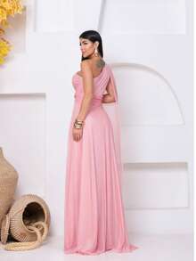 Long, Sparkly, One-Shoulder Party Dress With An Elegant Cape, Perfect For Bridesmaids, Weddings, And Graduations. - Màu hồng gỉ - Xem 2