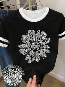 Camiseta de Mujer con Estampado Floral y Brillantes, Cuello Redondo, Manga Corta, Estilo Casual para Uso Diario - Blanco - Ver 12