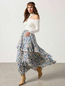 Falda con cintura elástica, volantes y estampado de paisley, estilo de vacaciones de verano para mujer - Azul - Ver 7