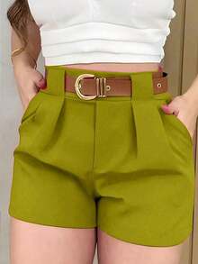 Pantalones cortos casuales sueltos con bolsillos y pliegues de unicolor para mujer - Verde - Ver 6