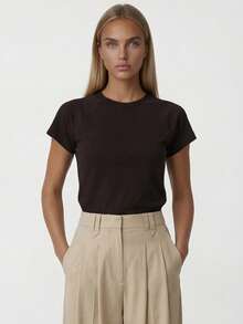 Women's Solid Color Round Neck Casual Versatile Daily Wear Top - Coffee Brown - View 3